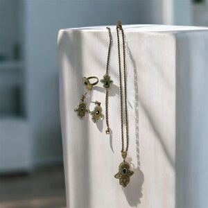 Gold Hamsa Hand Necklace & Earring Set with Green Stone - Women Jewelry